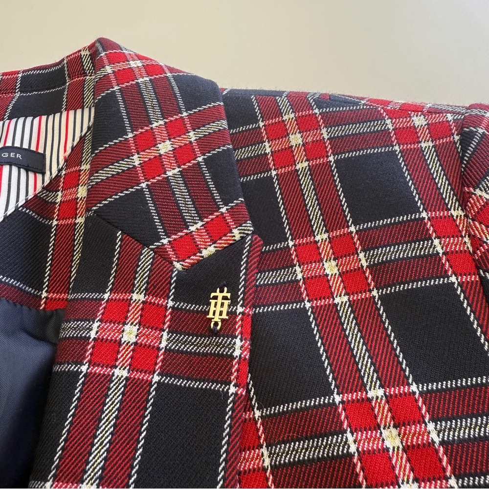 Tommy Hilfiger-Blazer-Plaid-Red-Navy-Preppy-Equestrian-Holiday-Gold-Size 6 - Picture 7 of 15